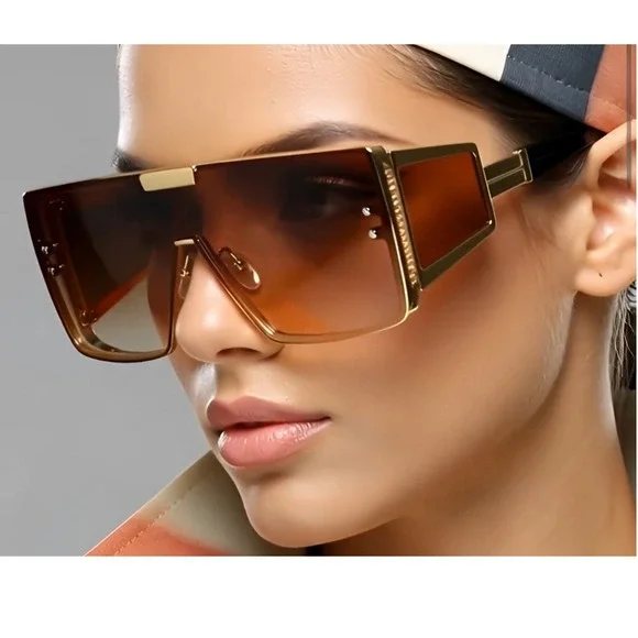 Shield Sunglasses Futuristic Visor Gold Frame Brown Lens Fashion Luxury Model - Picture 1 of 12
